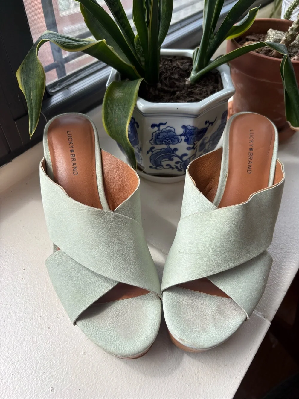 Lucky Brand Mint Green Leather Sandals with Wooden platform